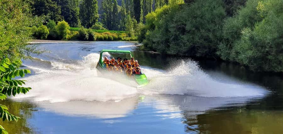 Taumarunui: Railcart and Jetboat Adventure with lunch - Ohinepane jet boat on the Whanganui: wind, spray, and river stories