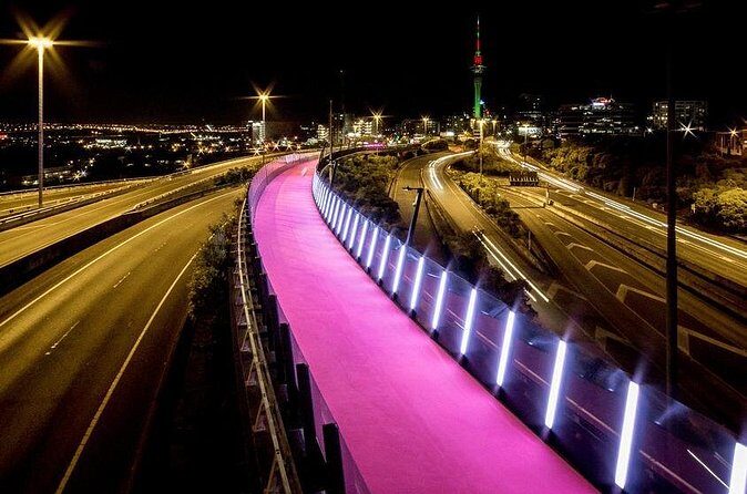 The City Lights: a unique electric bike tour of Auckland by night! - Waterfront cycleway: Queens Wharf neon and the Viaduct skyline